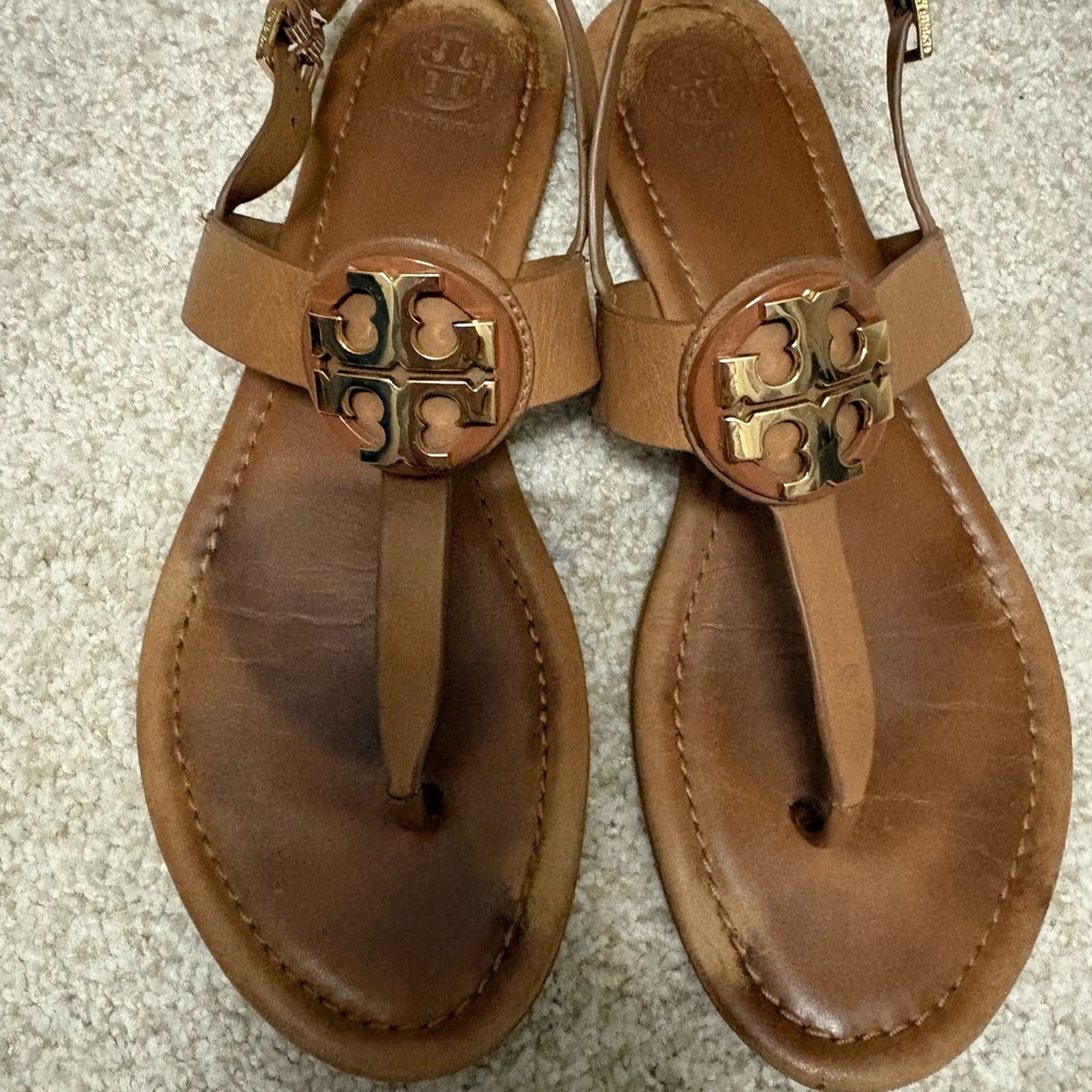Tory Burch Brown Leather Logo Thong Sandals with Gold Medallions